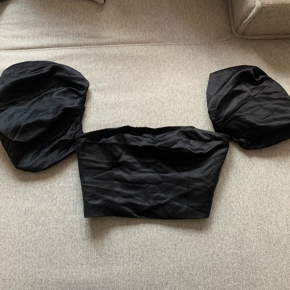 Black Satin Crop Top with Puff Sleeves